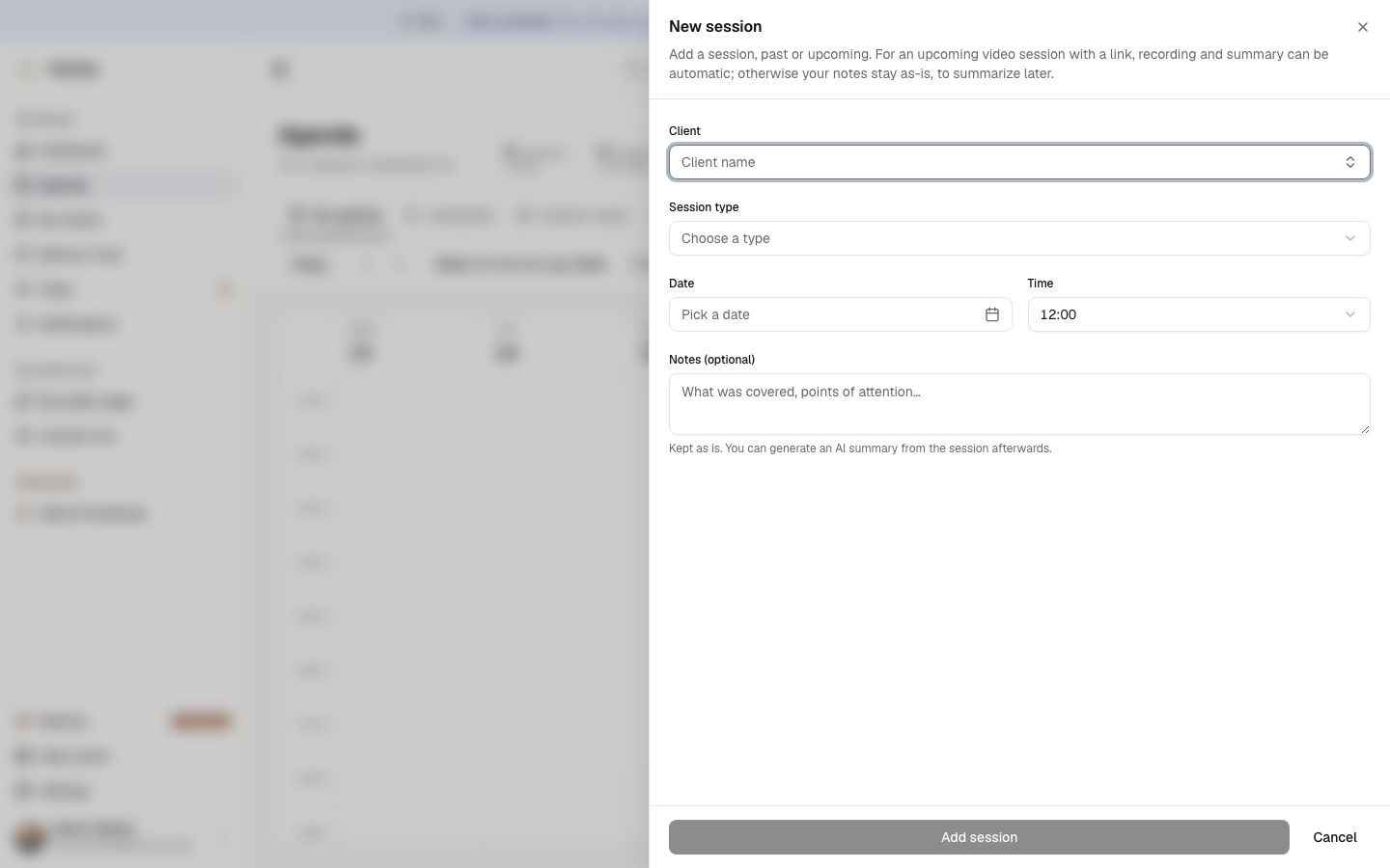 Session creation dialog