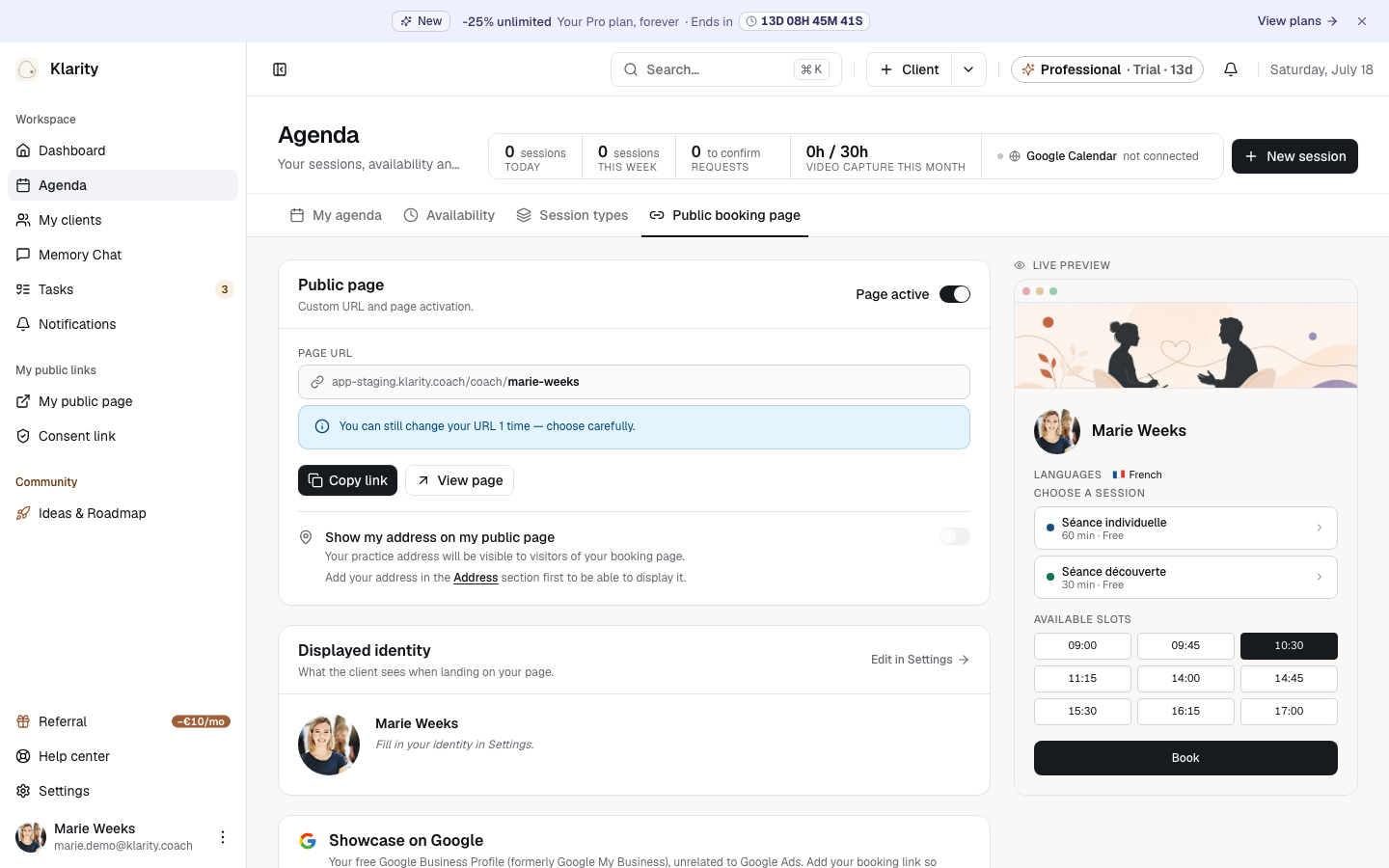 Public booking page tab